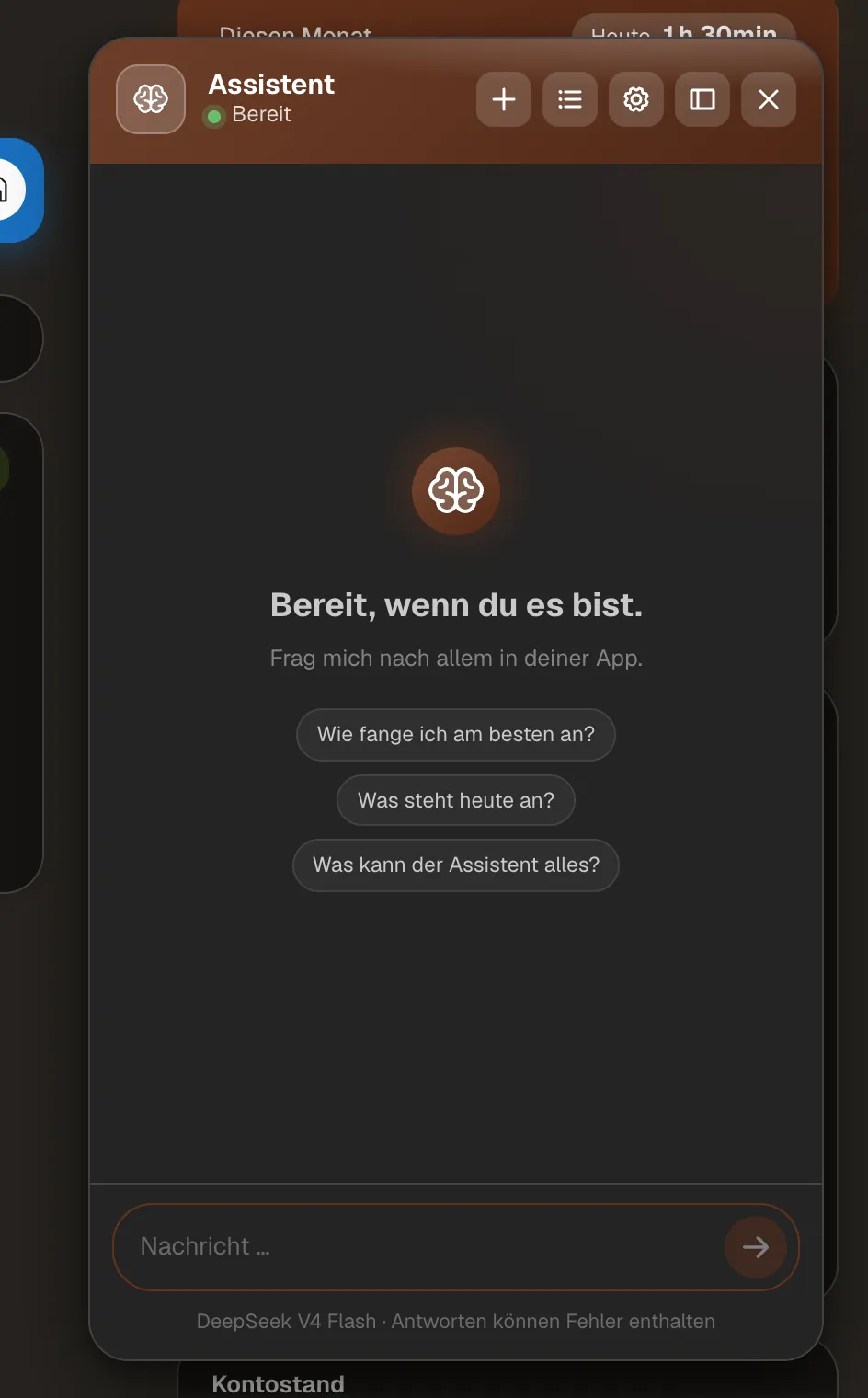 Seitenpanel des KI-Assistenten mit Vorschlägen für den Einstieg und einem Eingabefeld