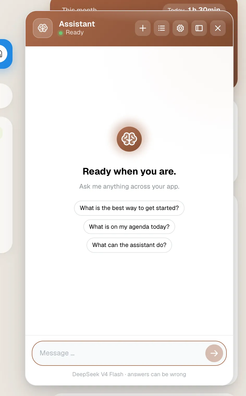 AI assistant side panel with starter suggestions and a message field