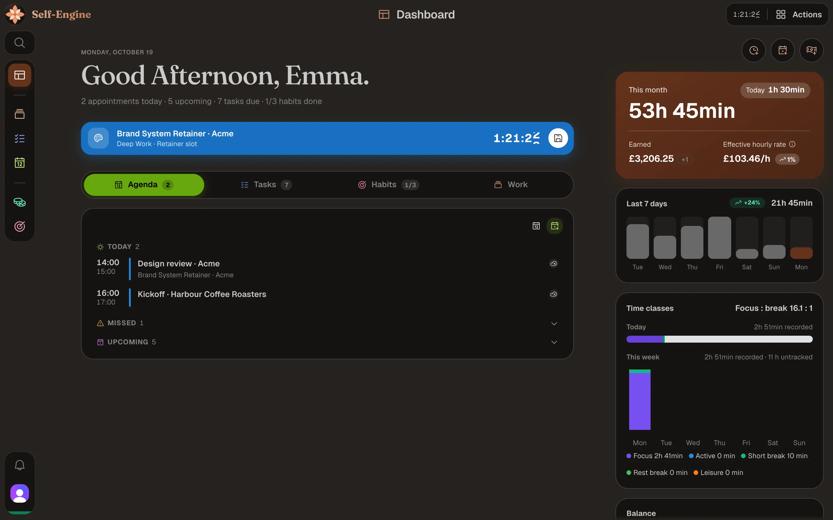 Self-Engine dashboard with a daily greeting, a running timer, today's appointments, this month's hours and earnings, and the week's time classes