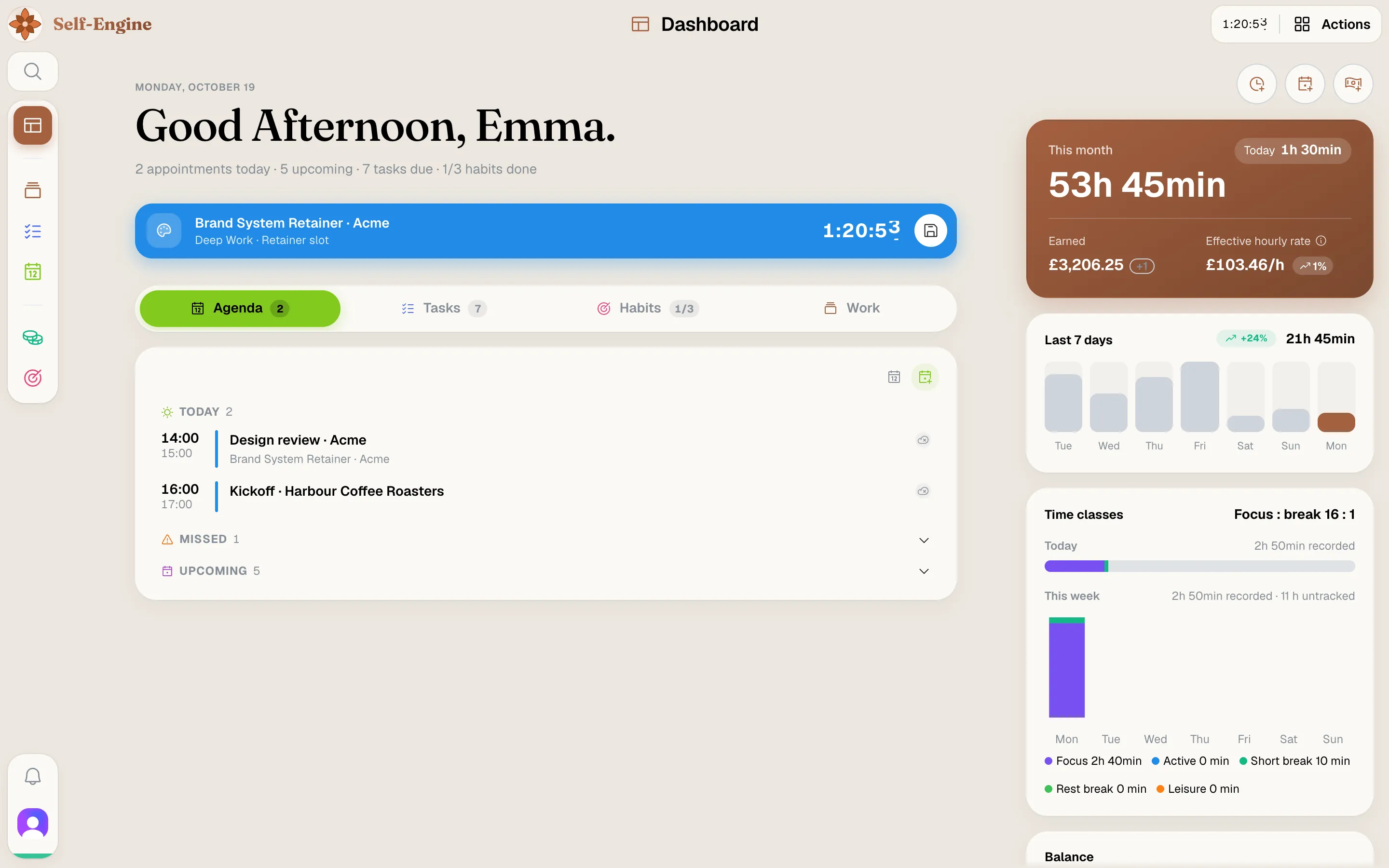 Self-Engine dashboard with a daily greeting, a running timer, today's appointments, this month's hours and earnings, and the week's time classes