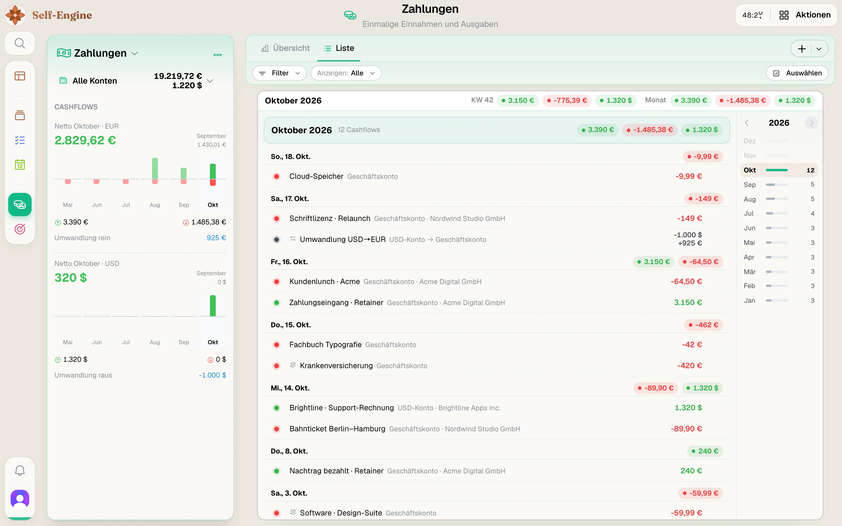 Zahlungsliste eines Monats über mehrere Konten und Währungen mit Cashflow-Diagrammen pro Konto