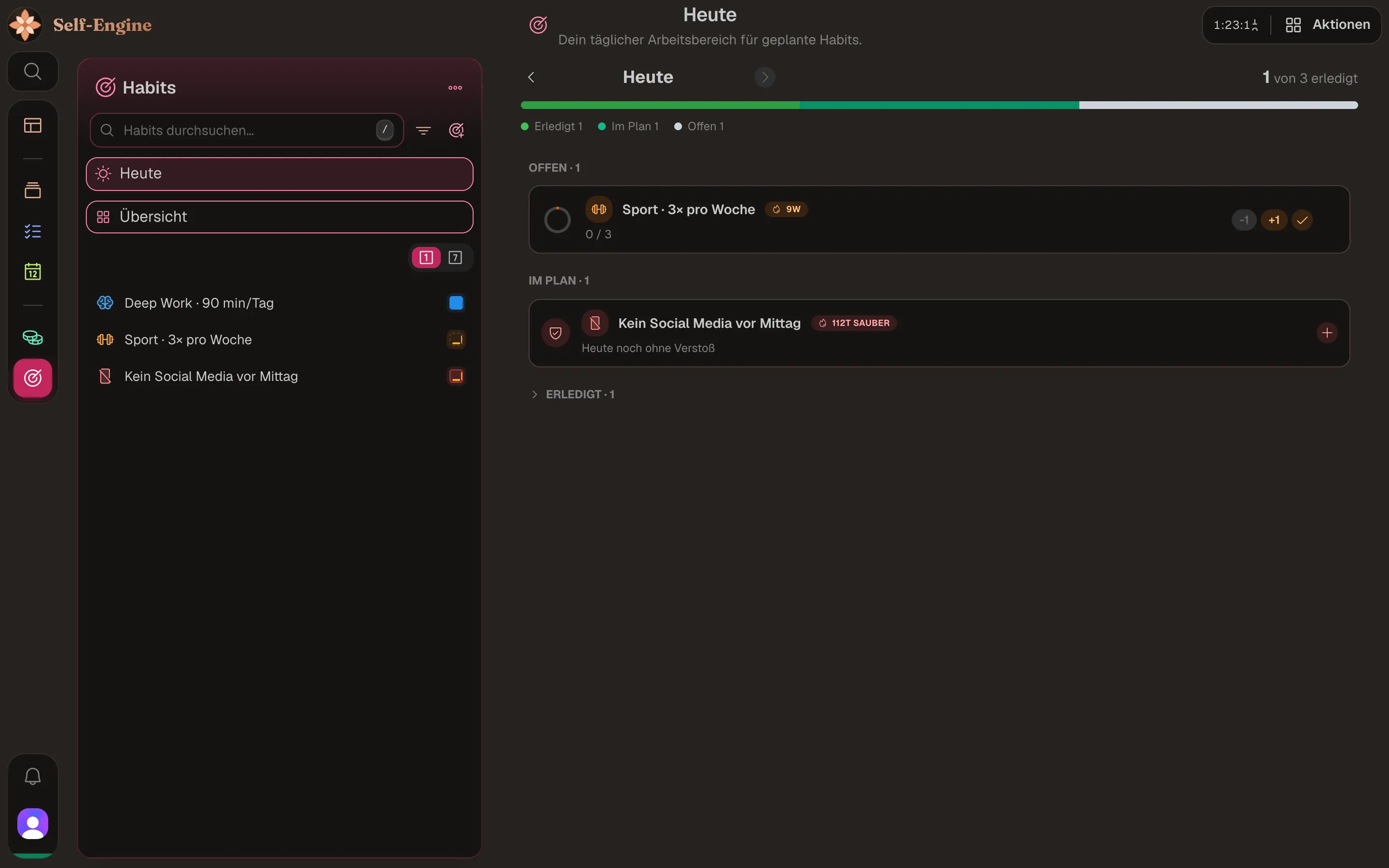 Tagesansicht der Gewohnheiten mit Fortschrittsbalken, offenen und eingeplanten Habits und ihren Streaks