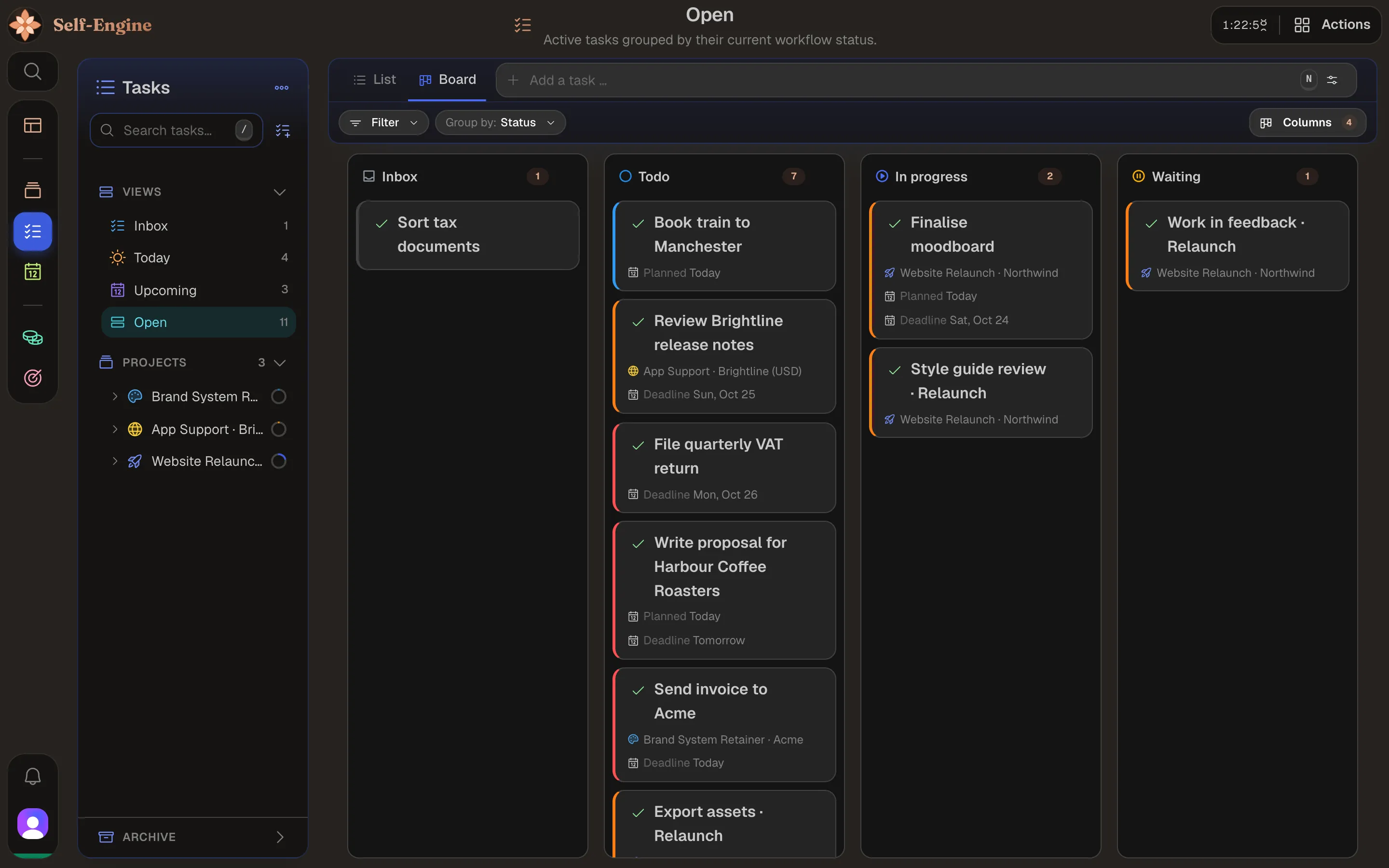 Task board with columns for Inbox, Todo, In Progress and Waiting, each task showing its project, plan and deadline