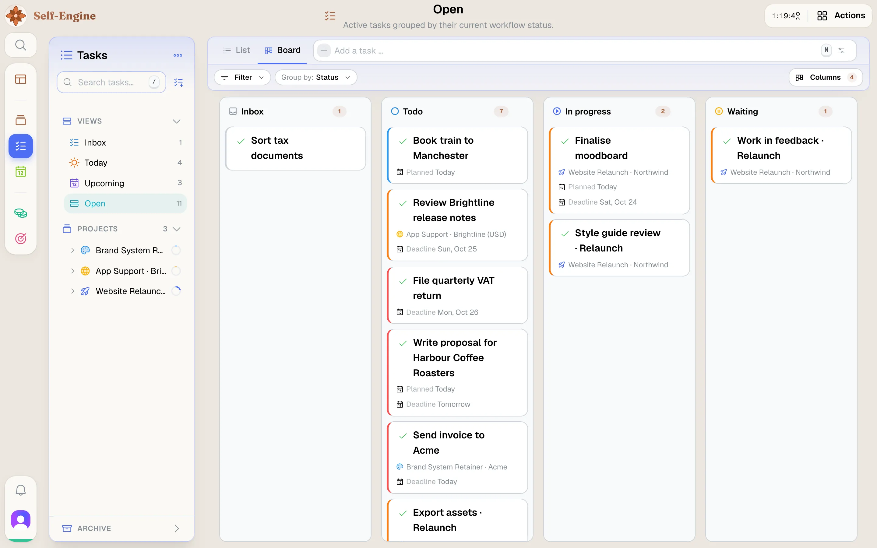 Task board with columns for Inbox, Todo, In Progress and Waiting, each task showing its project, plan and deadline