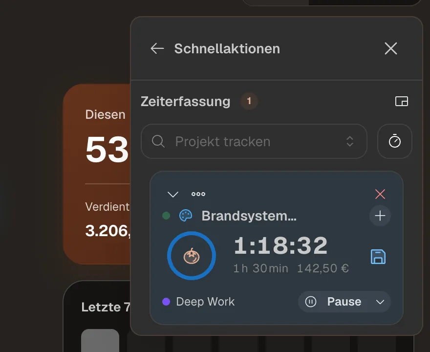 Laufender Timer mit Projekt, Dauer, bisherigem Verdienst, der Zeitkategorie Deep Work und einem Pause-Button