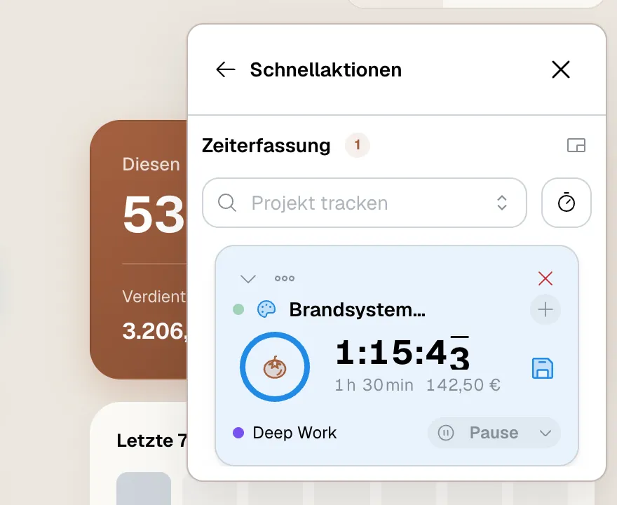 Laufender Timer mit Projekt, Dauer, bisherigem Verdienst, der Zeitkategorie Deep Work und einem Pause-Button