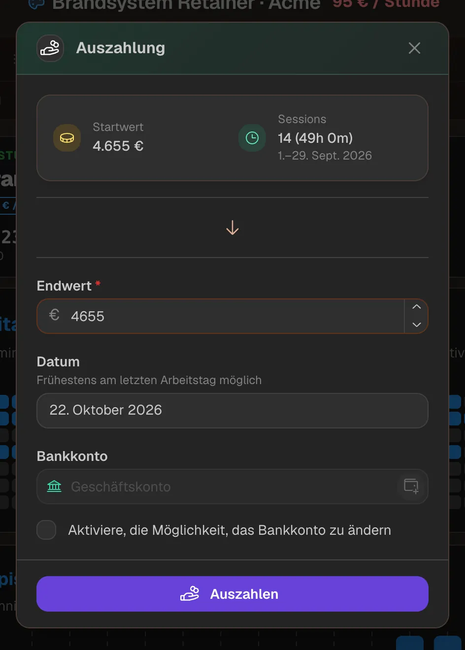 Auszahlungs-Dialog mit Startwert und Sessions des Zeitraums, Endwert, Datum und Bankkonto