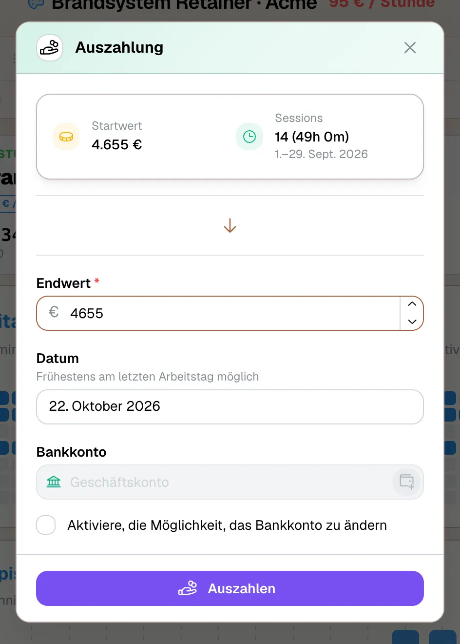 Auszahlungs-Dialog mit Startwert und Sessions des Zeitraums, Endwert, Datum und Bankkonto