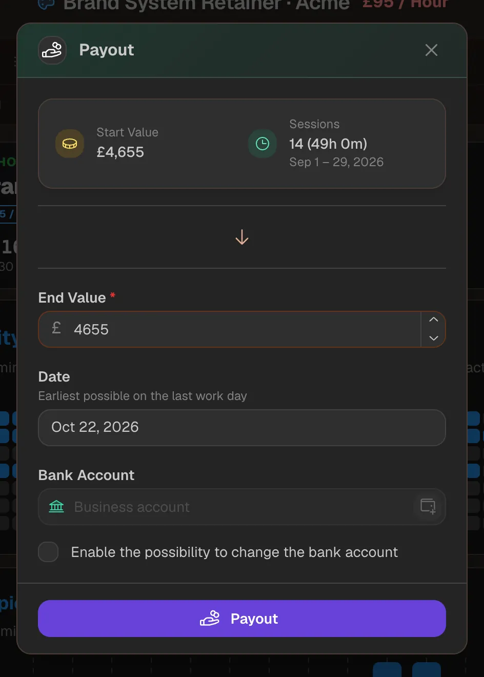 Payout dialog with the period's starting value and sessions, final amount, date and bank account